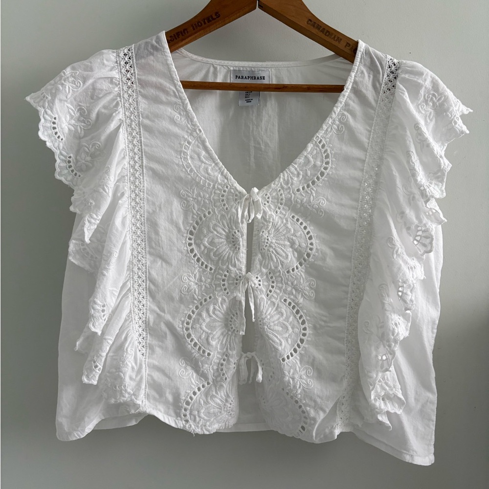 Paraphrase Women’s Ivory Embroidered Tie-Front Boho Sleeveless Blouse US S EUC